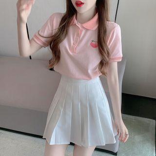 Short-sleeve Print Polo Shirt / Pleated Mini A-line Skirt