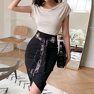 Set: Cap-sleeve Blouse + Tie-waist Pencil Skirt