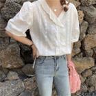 Plain V-neck Lace Short-sleeve Blouse White - One Size