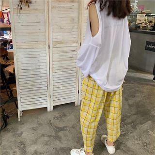 Long-sleeve Cold Shoulder T-shirt / Plaid Cropped Straight Fit Pants