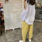 Long-sleeve Cold Shoulder T-shirt / Plaid Cropped Straight Fit Pants