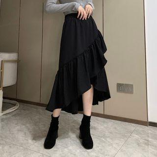 Ruffle Trim Midi A-line Skirt Black - One Size