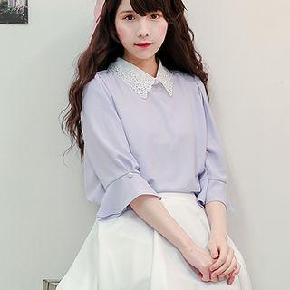 Lace-collar Ruffle-cuff Crepe Blouse