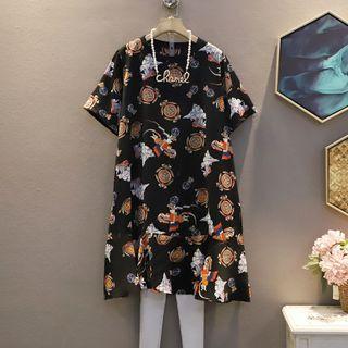 Short-sleeve Print Mermaid Dress Black - One Size