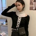 Set : High-neck White Bottoming Shirt + Black Long-sleeve Strap Knot Top Set Of 2 - One Size