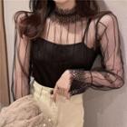 Plain Mock-neck Chiffon Flare-sleeve Shirt / Plain Loose-fit Top