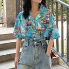 Short-sleeve Print Loose-fit Shirt Blue - One Size