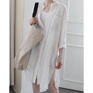 Mandarin-collar Pinstripe Linen Shirtdress
