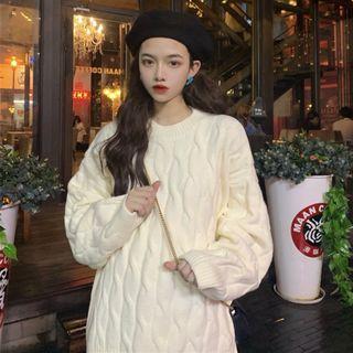Long-sleeve Cable Knit Sweater As Shown In Figure - One Size
