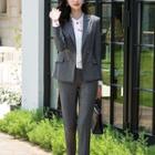 Set: Plaid Blazer + Dress Pants + Plain / Heart Print Shirt