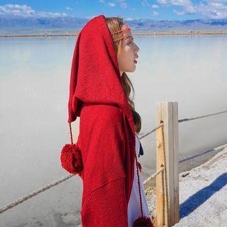 Open-front Hooded Pom Pom Cardigan