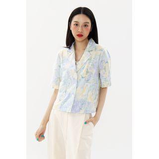 Open-placket Floral Blouse Sky Blue - One Size