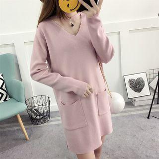 V-neck Scallop Trim Long-sleeve Knit Dress