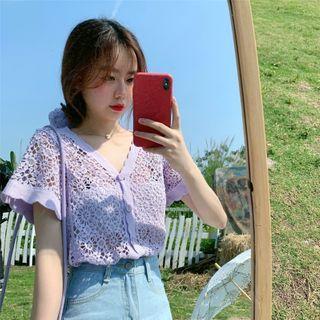 Buttoned Short-sleeve Pointelle Top
