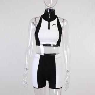 Set: Half-zip Two-tone Crop Tank Top + Bicycle Shorts
