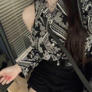 Cold Shoulder Print Shirt Black - One Size