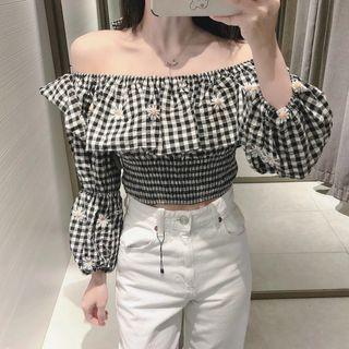 Long-sleeve Off-shoulder Floral Embroidered Check Crop Top