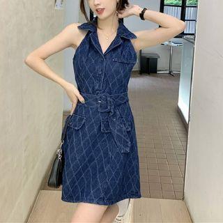 Sleeveless Denim Mini A-line Dress Blue - One Size