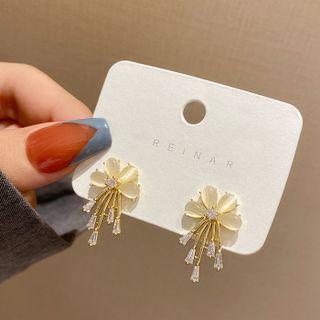 Flower Cat Eye Stone Rhinestone Fringed Earring E4014 - 1 Pair - Gold - One Size
