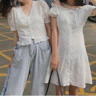 Short-sleeve Floral Applique Buttoned Blouse / A-line Mini Dress