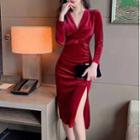 Long-sleeve Slit Velvet Midi Bodycon Dress