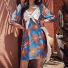 Elbow-sleeve Printed Mini Sundress