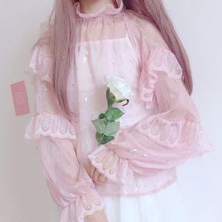 Set: Long-sleeve Lace Trim Chiffon Top + Camisole Top