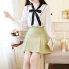 Long-sleeve Contrast Trim Ribbon Blouse / A-line Mini Skirt / Set