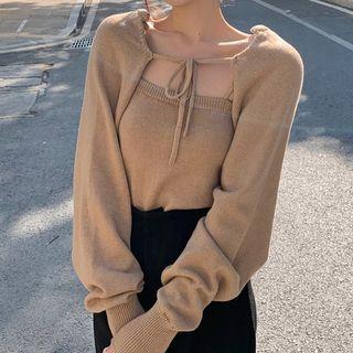 Puff Sleeve Lace-up Shawl / Knit Camisole