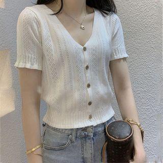 V-neck Cutout Short-sleeve Knit Top