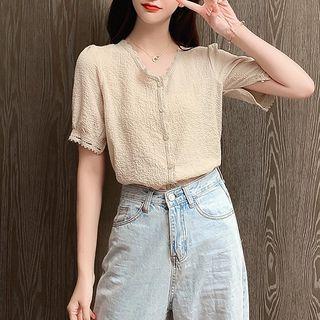 Short-sleeve Lace Trim Buttoned Top
