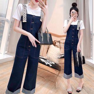Short-sleeve Plain T-shirt / Cropped Denim Dungarees / Set