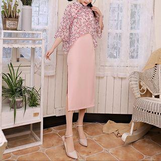 Set: Elbow-sleeve Floral Print Top + Sleeveless Midi Dress