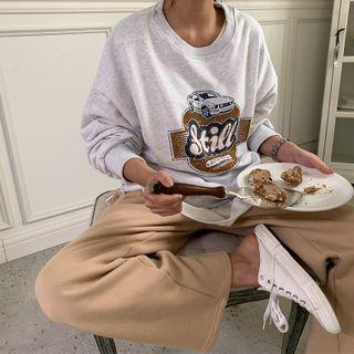 Retro Print Fleece-lined Sweatshirt Melange White - One Size
