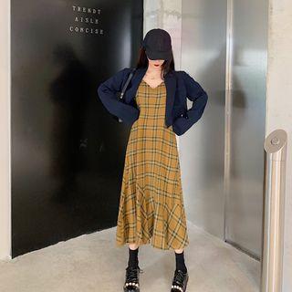 Cropped Blazer / Plaid Midi Spaghetti Strap Dress