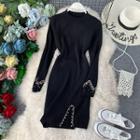 Faux Pearl Long-sleeve Knit Sheath Dress Black - One Size