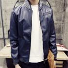 Stripe Stand-collar Faux Leather Jacket
