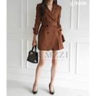 Set: Double-breasted Blazer With Belt + Band Waist Shorts Brown - One Size
