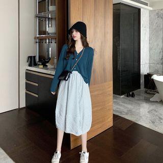 Long-sleeve Buttoned Knit Top / Plaid Midi A-line Skirt