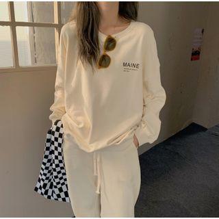 Round-neck Lettering Long-sleeve Sweatshirt / High-waist Drawstring Wide-leg Pants