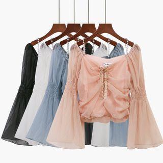 Square-neck Plain Drawstring Pleated Top