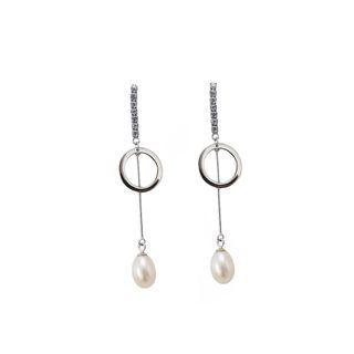 Sterling Silver Simple Temperament Geometric Round Freshwater Pearl Tassel Earrings Silver - One Size