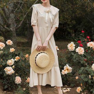 Elbow-sleeve Perforated Trim Wide Collar A-line Midi Dress
