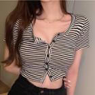Short-sleeve Button-up T-shirt Stripe - Black & White - One Size