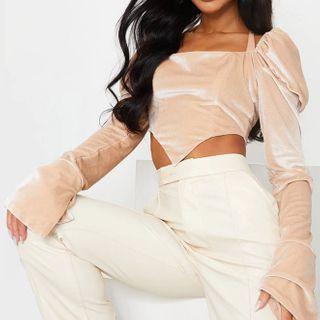 Halter-neck Puff-sleeve Velvet Crop Top