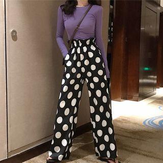 Long-sleeve Cropped Top / Dotted Wide-leg Pants