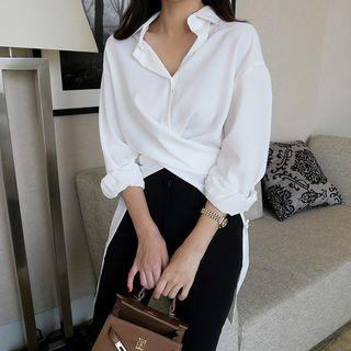 Plain Slit Long-sleeve Blouse