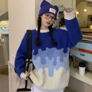 Round Neck Print Color Block Sweater