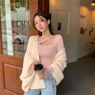 Long-sleeve Cutout Knit Top / Open-front Cardigan