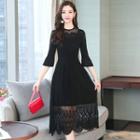 3/4-sleeve A-line Midi Mesh Dress Black - One Size
